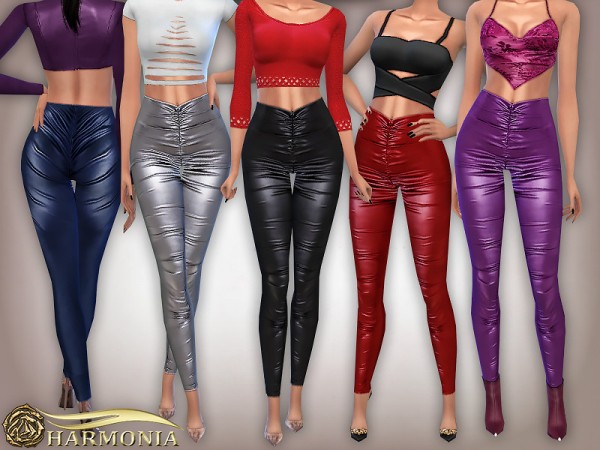  The Sims Resource: Faux Leather Coated Ruched Side Legging by Harmonia