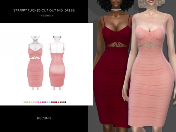  The Sims Resource: Strappy Ruched Cut Out Midi Dress by Bill Sims