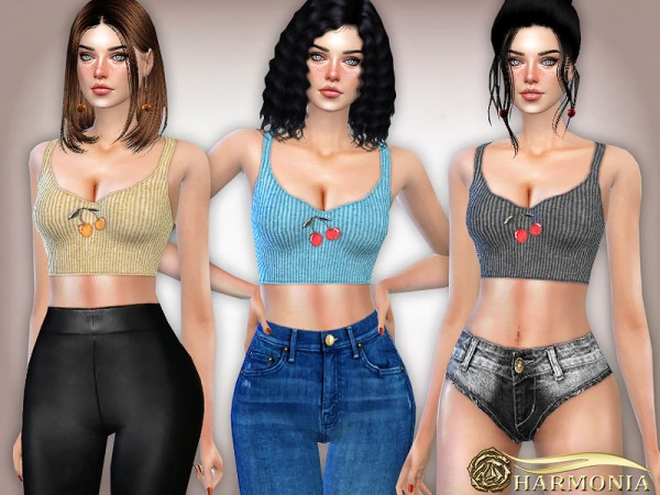  The Sims Resource: Embroidered Cherry Rib Crop Top by  Harmonia