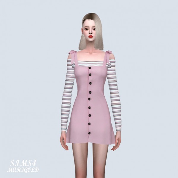  SIMS4 Marigold: Ribbon Strap Button Mini Dress Off shoulder T