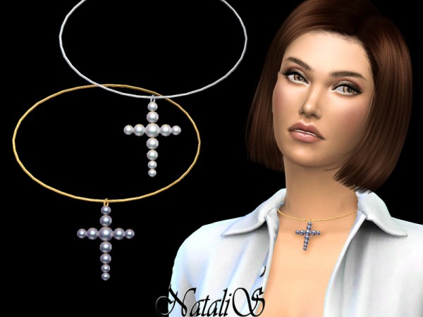  The Sims Resource: Pearl cross pendant choker by NataliS