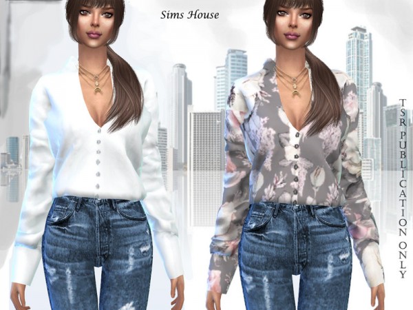  The Sims Resource: Womens blouse with print and long sleeve by Sims House