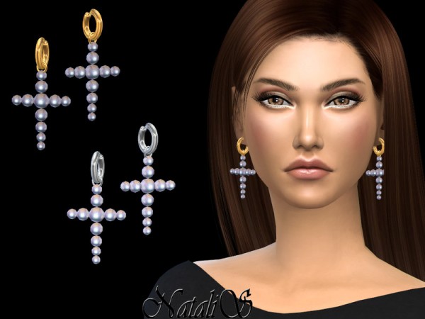  The Sims Resource: Pearl cross drop earrings by NataliS