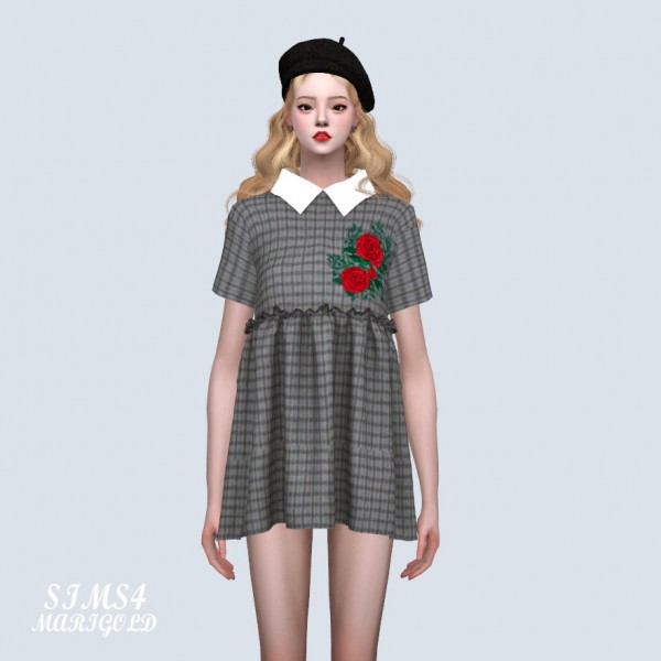  SIMS4 Marigold: Embroidery Babydoll Mini Dress With Collar