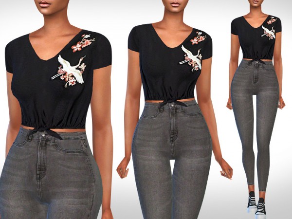  The Sims Resource: Embroidery Short Sleeve Top by Saliwa