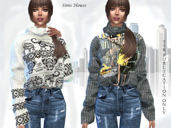  The Sims Resource: Womens knitted sweater with a collar and print by Sims House