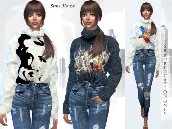  The Sims Resource: Womens knitted sweater with a collar and print by Sims House