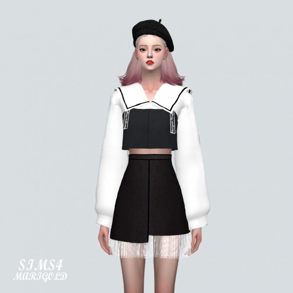  SIMS4 Marigold: Suspenders Crop Top With Big Collar Blouse