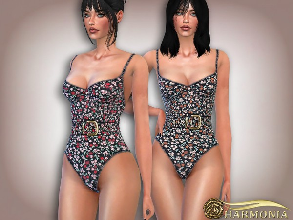  The Sims Resource: Floral print Belted Swimsuit by Harmonia