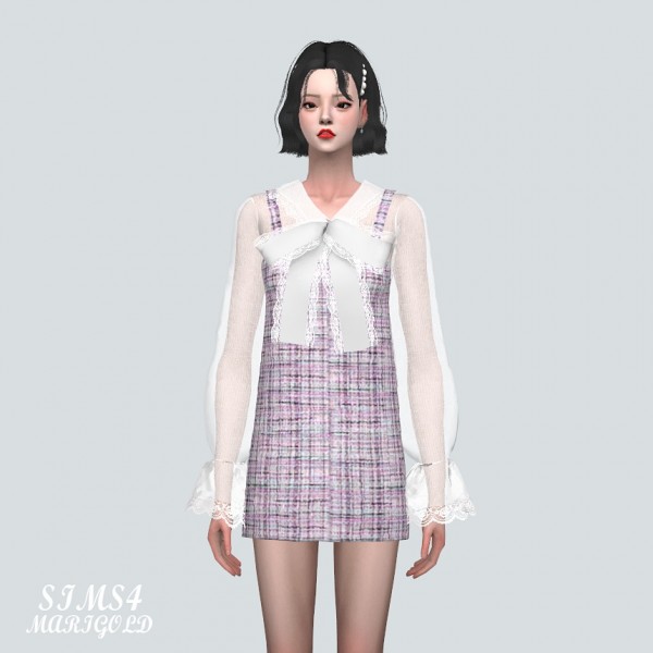  SIMS4 Marigold: Big Lace Bow Tweed Mini Dress