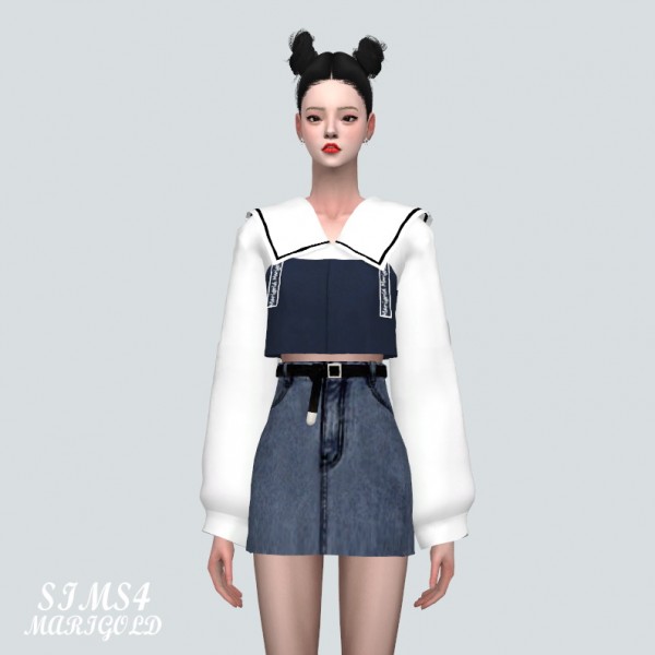  SIMS4 Marigold: Suspenders Crop Top With Big Collar Blouse