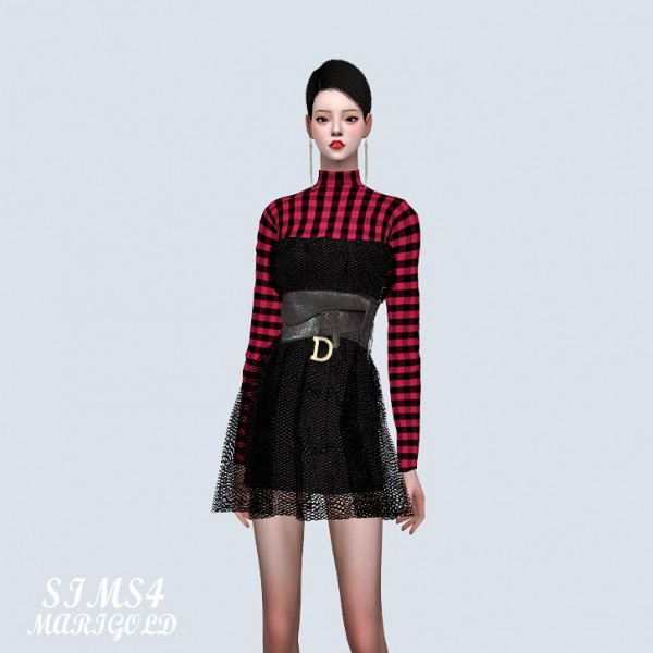  SIMS4 Marigold: Plaid Top See Through Mesh Mini Dress With Dior Bag Belt