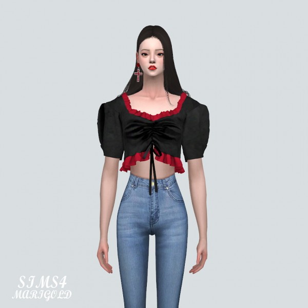  SIMS4 Marigold: Velvet Shirring Frill Blouse Short Sleeves V