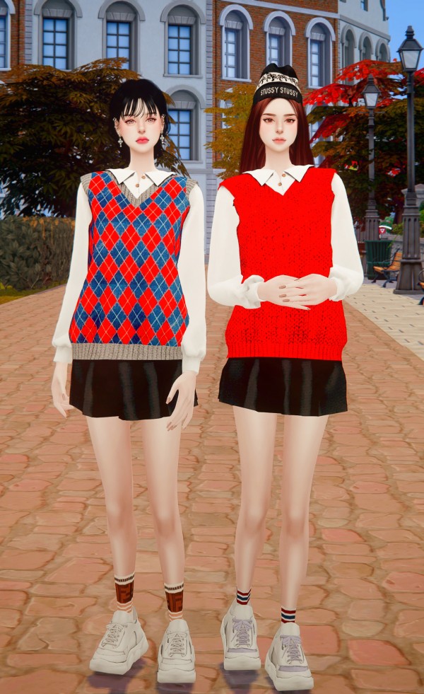 Rimings: Knit vest and pleats skirt