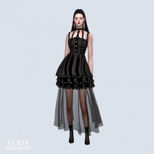  SIMS4 Marigold: Stud Tiered Long Dress With Mesh