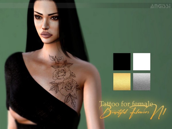  The Sims Resource: Tattoo for female Beautiful Flowers N1 by ANGISSI
