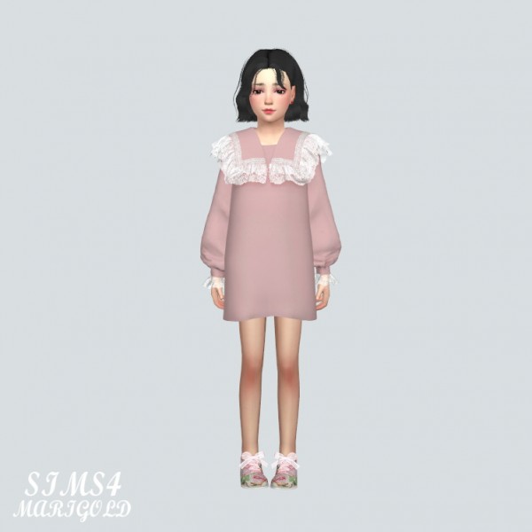  SIMS4 Marigold: Child Lovely Frill Lace Blouse Mini Dress