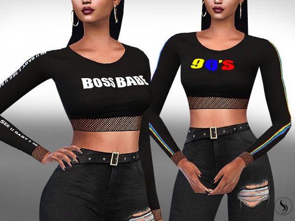  The Sims Resource: Fishnet Cropped Long Sleeve Tops by Saliwa