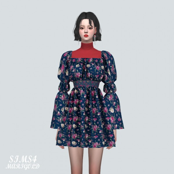  SIMS4 Marigold: Love Puff Sleeves Mini Dress With Turtle Neck