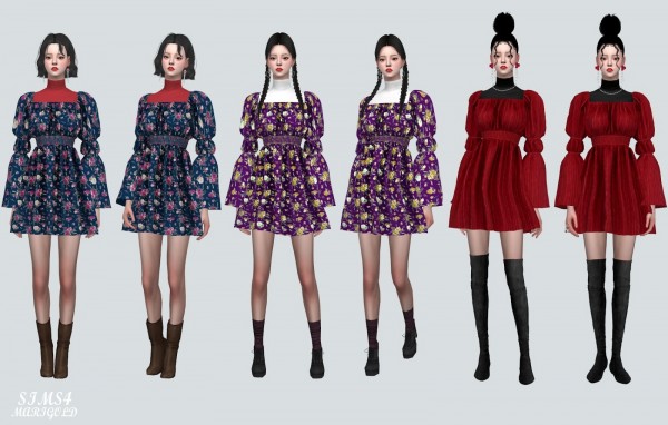  SIMS4 Marigold: Love Puff Sleeves Mini Dress With Turtle Neck