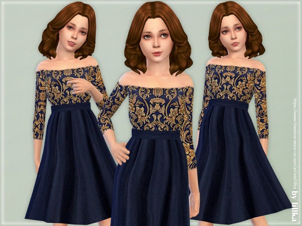  The Sims Resource: Navy and Gold Floral Dress by lillka