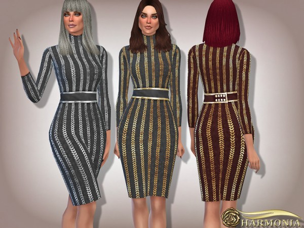  The Sims Resource: Metallic Patterned Turtleneck Dress by Harmonia