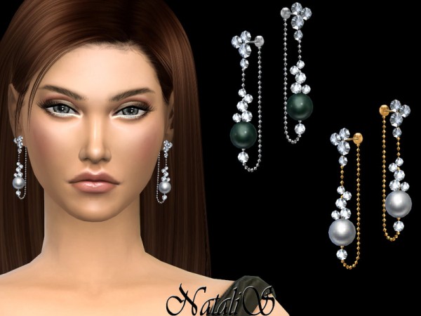  The Sims Resource: Pearl and crystals chain earrings by NataliS