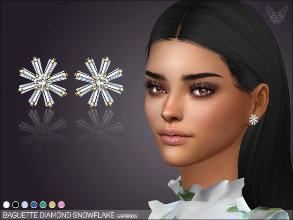  The Sims Resource: Baguette Diamond Snowflake Earrings by feyona