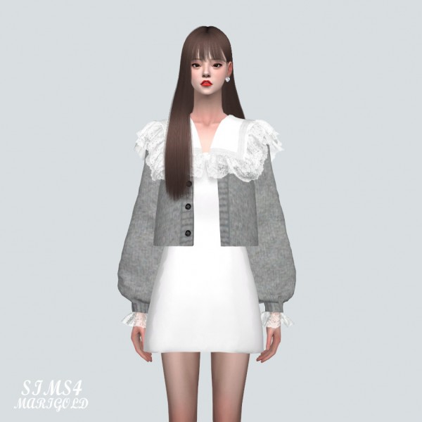 SIMS4 Marigold: Big Lace Collar Mini Dress With Cardigan