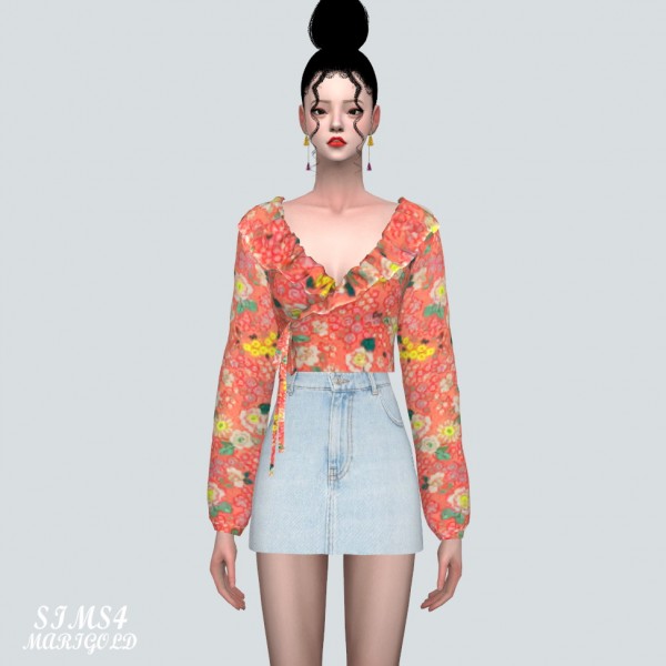 SIMS4 Marigold: Floral Frill Wrap Blouse
