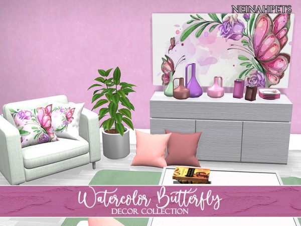  The Sims Resource: Watercolor Butterfly Decor Collection by neinahpets