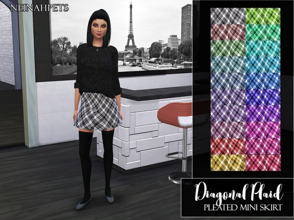  The Sims Resource: Diagonal Plaid Pleated Mini Skirt by neinahpets