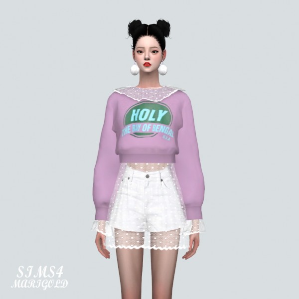  SIMS4 Marigold: Dot See Through Collar Crop Sweatshirts With Skirt