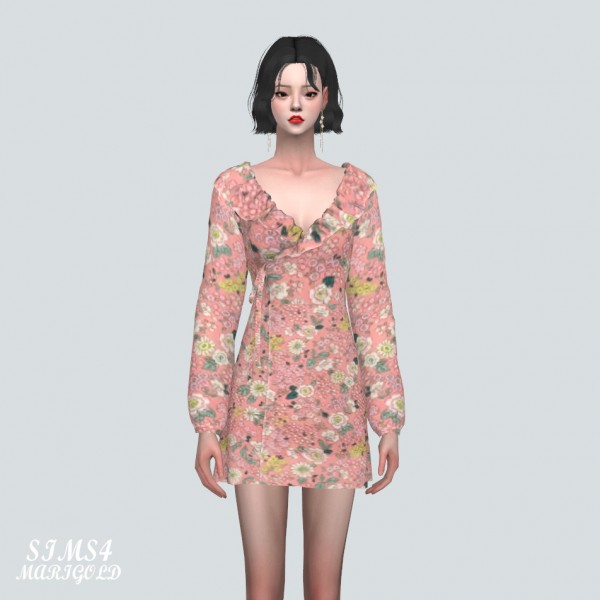  SIMS4 Marigold: Floral Frill Wrap Mini Dress