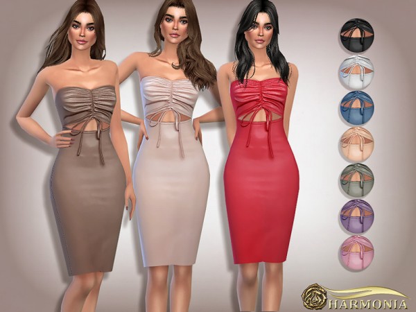  The Sims Resource: PU Ruched Front Cut Out Midi Dress by Harmonia