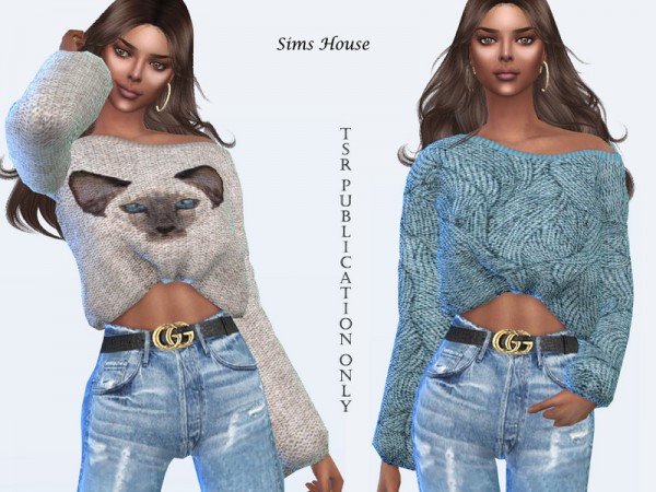  The Sims Resource: Womens Open Shoulder Print Sweater by Sims House