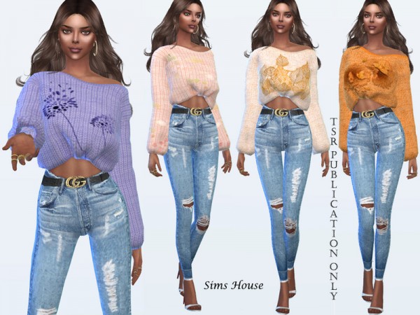  The Sims Resource: Womens Open Shoulder Print Sweater by Sims House