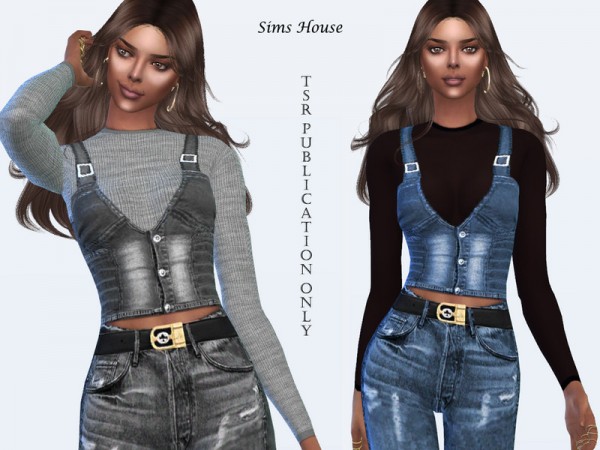  The Sims Resource: Womens denim vest with a long sleeve t shirt by Sims House