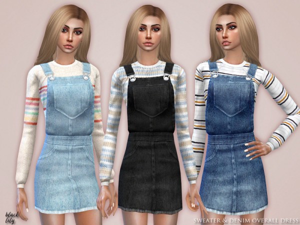  The Sims Resource: Sweater and Denim Overall Dress by Black Lily