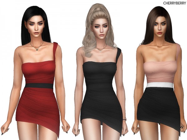  The Sims Resource: Diascia   Asymmetric Mini Dress by CherryBerrySim