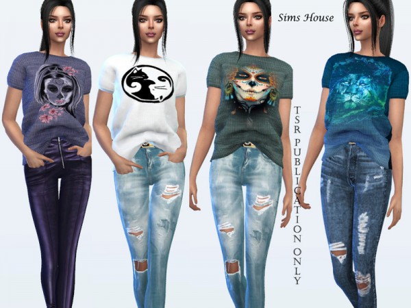  The Sims Resource: Womens t shirt tucked in front with prints by Sims House