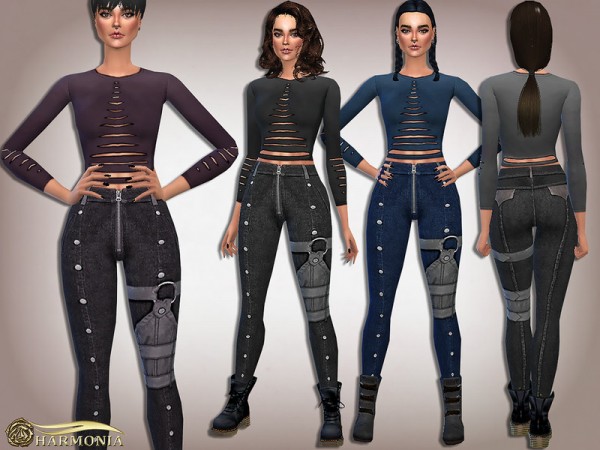  The Sims Resource: Apocalyptic Torn top with Decorated Straps Pants by Harmonia