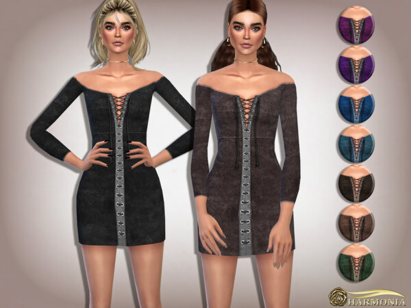 The Sims Resource: Off Shoulder Lace Up Suede Dress by Harmonia