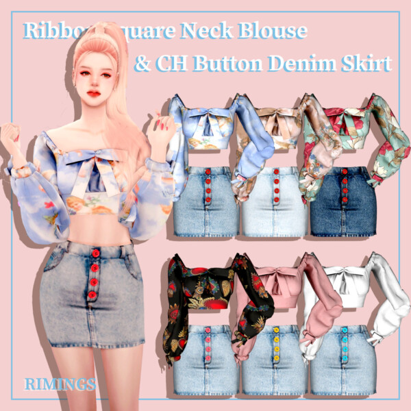 Rimings: Ribbon Square Neck Blouse and Button Denim Skirt