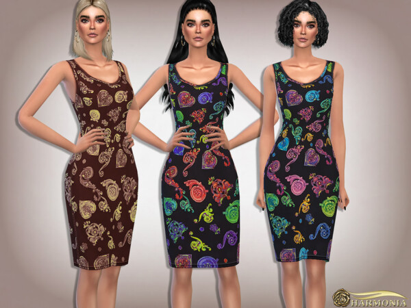 The Sims Resource: Multicolor Jewels Print Pencil Dress by Harmonia