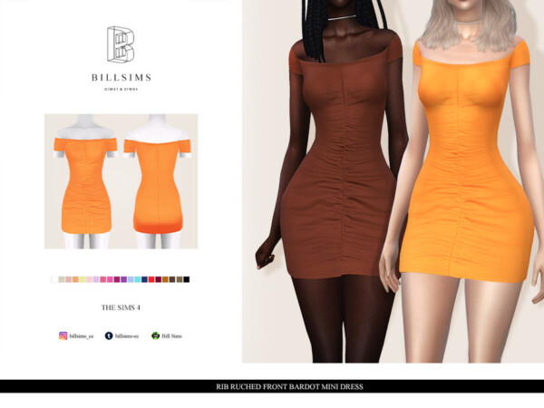 The Sims Resource: Rib Ruched Front Bardot Mini Dress by Bill Sims