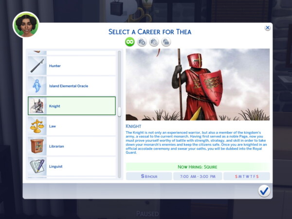Knight Career mod by sokkarang from Mod The Sims