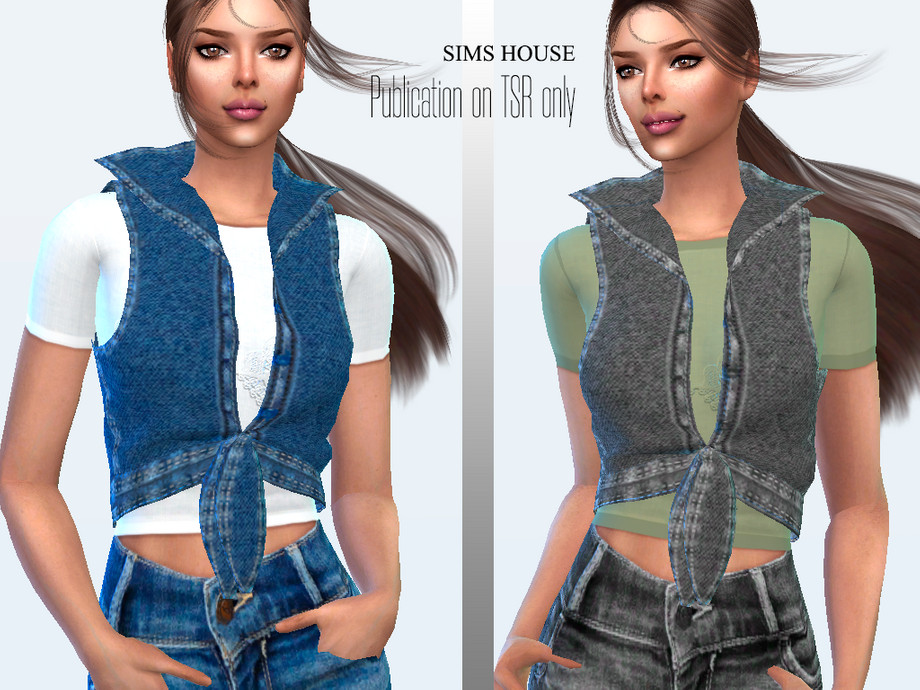 Womens Drawstring Denim Vest With T Shirt By Sims House From Tsr • Sims