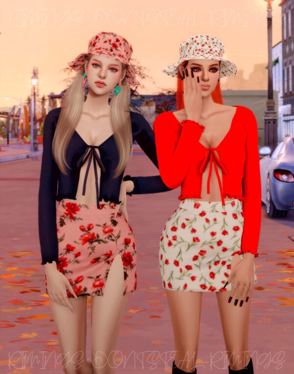 Ribbed Open Cardigan, Floral Open Skirt and Bucket hat from Rimings