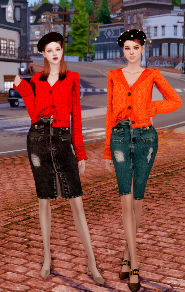 Autumn Sweater Cardigan and Midi Denim Skirt from Rimings